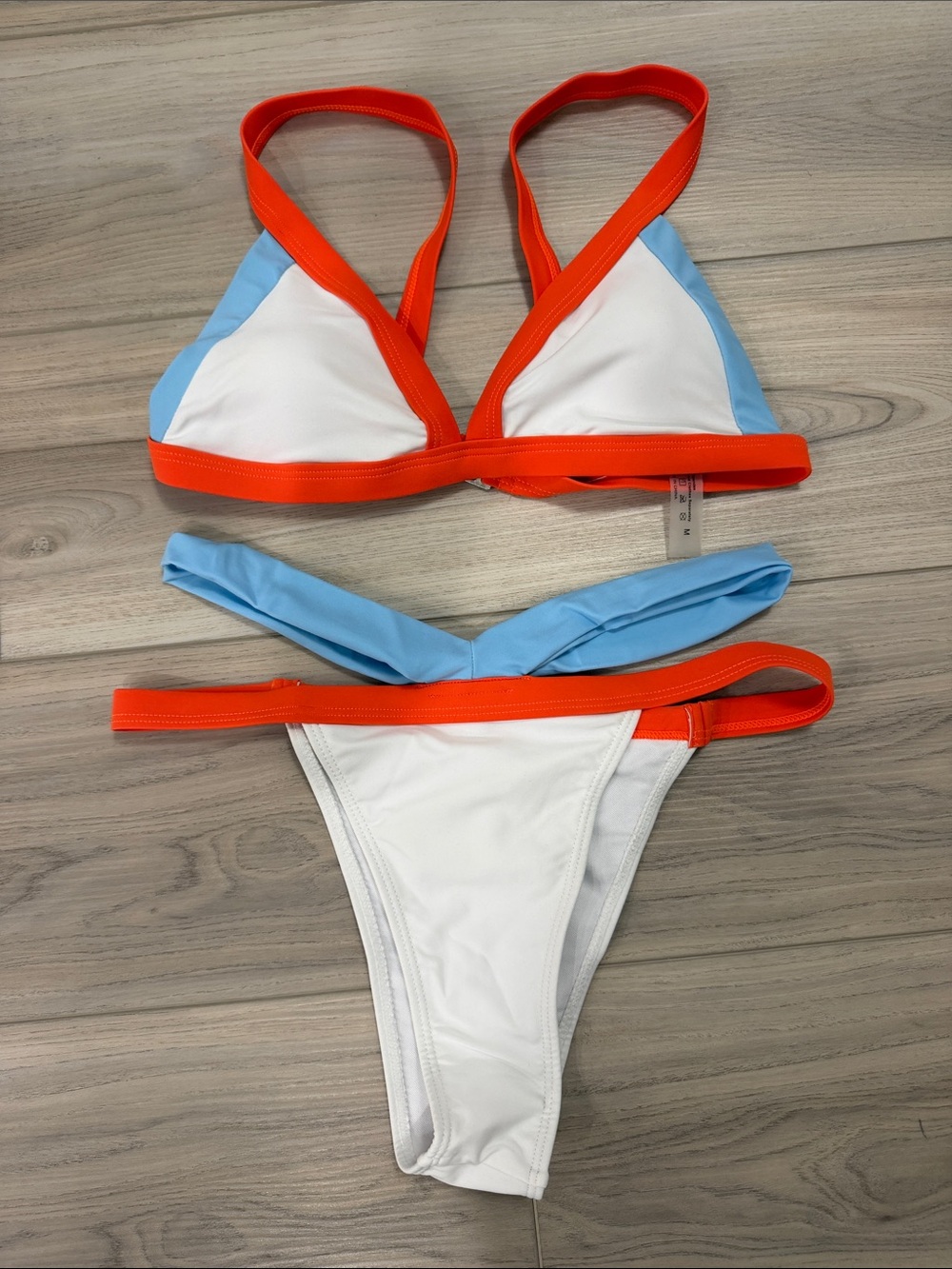 SHEIN White Triangle Bikini with Orange & Light Blue Trim